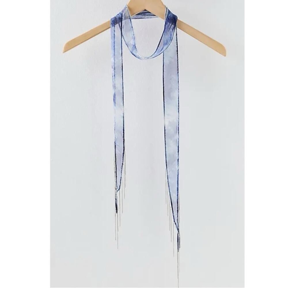 Free People Chan Luu Washed Ashore Fringe Skinny Scarf Denim Blue NWT Bohemian - Picture 4 of 11